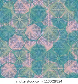 Seamless camouflage made up of translucent heptagons. Editable pattern. Above the picture is a texture composed of squares, which consist of curved lines.