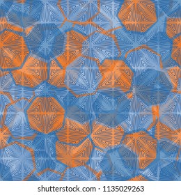 Seamless camouflage made up of translucent heptagons. Editable pattern. Above the picture is a texture composed of squares, which consist of curved lines.