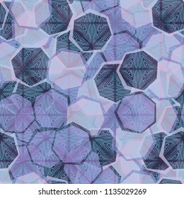 Seamless camouflage made up of translucent heptagons. Editable pattern. Above the picture is a texture composed of squares, which consist of curved lines.