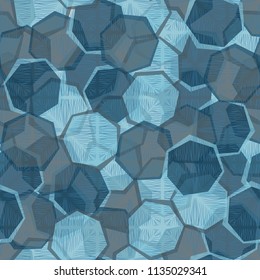 Seamless camouflage made up of translucent heptagons. Editable pattern. A fibrous texture is thrown over the picture.
