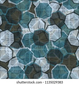 Seamless camouflage made up of translucent heptagons. Editable pattern. A fibrous texture is thrown over the picture.