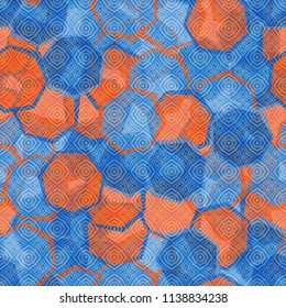 Seamless camouflage made up of translucent heptagons. Editable pattern. Above the pattern is a texture consisting of four-sided elements with clear edges.