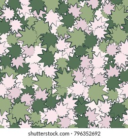 Seamless camouflage. Multibeam oblique stars like leaves are scattered chaotically across the field.