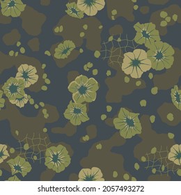 Seamless camouflage, nature pattern with swamp plants. Exotic flowers, khaki green camo background . Fashion jungle print for design. Vector wallpaper