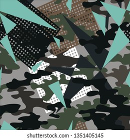 Seamless camouflage pattern abstract art Nouveau spots with geometric shapes. Print on paper, on fabric. Vector