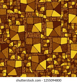 Seamless camouflage pattern. Abstract composition of golden squares with a background consisting of a fine grid.