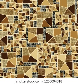Seamless camouflage pattern. Abstract composition of golden squares with a background consisting of a fine grid.