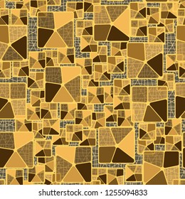 Seamless camouflage pattern. Abstract composition of golden squares with a background consisting of a fine grid.