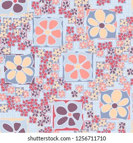 Seamless camouflage pattern. Abstract composition of square flowers located on the background of a fine-meshed network.