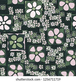 Seamless camouflage pattern. Abstract composition of square flowers located on the background of a fine-meshed network.