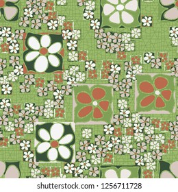 Seamless camouflage pattern. Abstract composition of square flowers located on the background of a fine-meshed network.