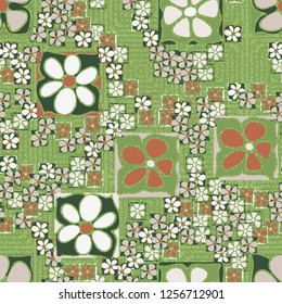 Seamless camouflage pattern. Abstract composition of square flowers located on the background of radiant-concentric squares.