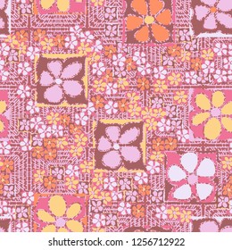 Seamless camouflage pattern. Abstract composition of square flowers located on the background of radiant-concentric squares.