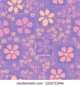 Seamless camouflage pattern. Abstract composition of square flowers located on the background of radiant-concentric squares.