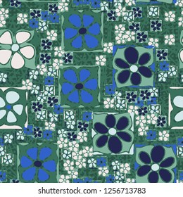 Seamless camouflage pattern. Abstract composition of square flowers located on the background of chaotic lines and rows of small squares.