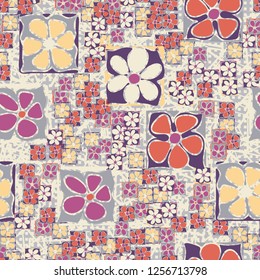 Seamless camouflage pattern. Abstract composition of square flowers located on the background of chaotic lines and rows of small squares.