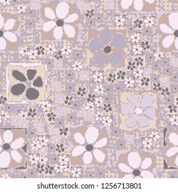 Seamless camouflage pattern. Abstract composition of square flowers located on the background of chaotic lines and rows of small squares.