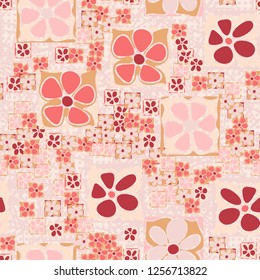 Seamless camouflage pattern. Abstract composition of square flowers located on the background of chaotic lines and rows of small squares.