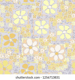 Seamless camouflage pattern. Abstract composition of square flowers located on the background of chaotic lines and rows of small squares.