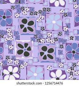 Seamless camouflage pattern. Abstract composition of square flowers located on the background of wavy lines and concentric rhombuses.