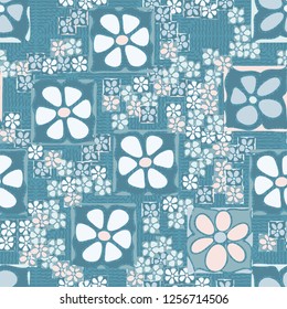 Seamless camouflage pattern. Abstract composition of square flowers located on the background of wavy lines and concentric rhombuses.