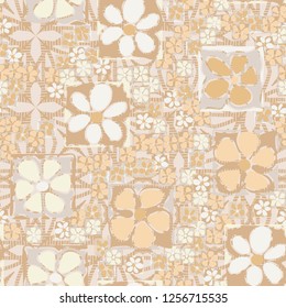 Seamless camouflage pattern. Abstract composition of square flowers located on the background of a large openwork lattice and hatching.