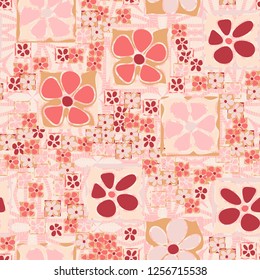 Seamless camouflage pattern. Abstract composition of square flowers located on the background of a large openwork lattice and hatching.