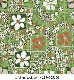 Seamless camouflage pattern. An abstract composition of square flowers located against a scattering of round squares and wavy hatching.