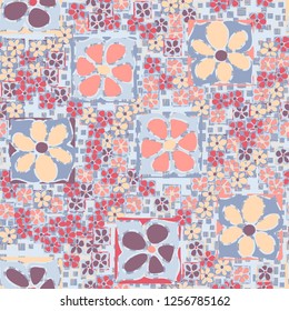 Seamless camouflage pattern. An abstract composition of square flowers located against a scattering of round squares and wavy hatching.