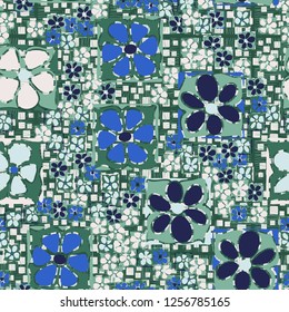 Seamless camouflage pattern. An abstract composition of square flowers located against a scattering of round squares and wavy hatching.