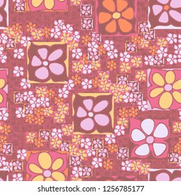 Seamless camouflage pattern. An abstract composition of square flowers located against a scattering of round squares and wavy hatching.