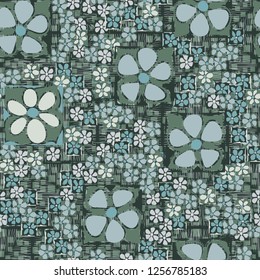 Seamless camouflage pattern. An abstract composition of square flowers located against a scattering of round squares and wavy hatching.
