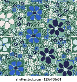 Seamless camouflage pattern. Abstract composition of square flowers located on the background of the ornament and square splashes.