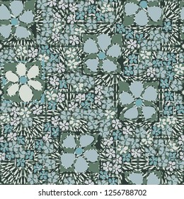 Seamless camouflage pattern. Abstract composition of square flowers located on the background of the ornament and square splashes.