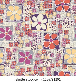 Seamless camouflage pattern. An abstract composition of square flowers located on a background of square suns.