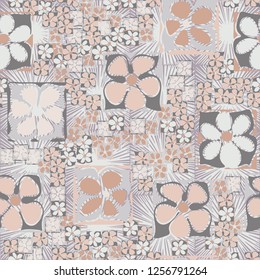 Seamless camouflage pattern. An abstract composition of square flowers located on a background of square suns.