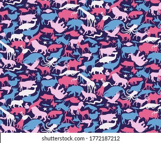 Seamless Camouflage Pattern with Animals For Kids. Animal Military Camouflage. Abstract seamless pattern for cloth textile.