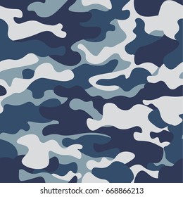 Seamless Camouflage pattern background. Classic clothing style masking camo repeat print. Blue, navy cerulean grey colors forest texture. Design element. Vector illustration.