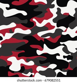 Seamless camouflage pattern background. Classic clothing style masking camo repeat print. Red, white, brown black colors forest texture. Design element. Vector illustration