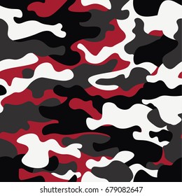 Seamless camouflage pattern background. Classic clothing style masking camo repeat print. Red, white, brown black colors forest texture. Design element. Vector illustration