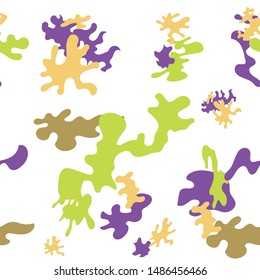 Seamless Camouflage pattern background. modern clothing style masking camo repeat print. Purple green brown yellow olive colors forest texture. Design element