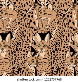 Seamless camouflage pattern. Beige Graceful wild cats. African Serval  characters. Textile composition, hand drawn style print. Vector illustration.