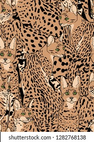 Seamless camouflage pattern. Beige Graceful wild cats. African Serval  characters. Textile composition, hand drawn style print. Vector illustration.