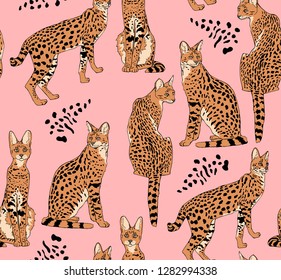 Seamless camouflage pattern. Beige Graceful wild cats on a pink background. African Serval  characters. Textile composition, hand drawn style print. Vector illustration.