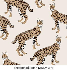Seamless camouflage pattern. Beige Graceful wild cats. African Serval  characters. Textile composition, hand drawn style print. Vector illustration.
