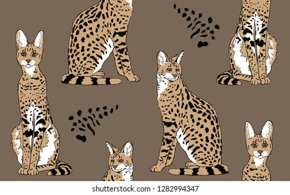 Seamless camouflage pattern. Beige Graceful wild cats. African Serval  characters. Textile composition, hand drawn style print. Vector illustration.