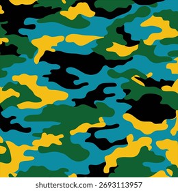 Seamless Camouflage Pattern with Black, Green, Teal, and Yellow Colors