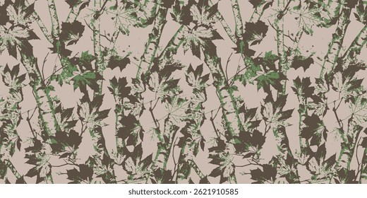 Padrão de camuflagem sem emenda com ramos e folhas, ideal para equipamentos de caça, vestuário de exterior e design tático