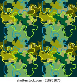 Seamless camouflage pattern with bright contours. On blue. Backgrounds & textures shop.