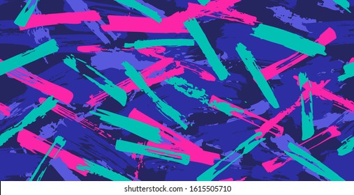 Seamless camouflage pattern of brush strokes with neon flowers, perfect for clothes. Light green, blue and pink colors. Artwork pattern. Seamless camouflage of grunge strokes. Vector illustration